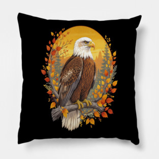 Bald Eagle with Autumn Sunset and Forest Background Pillow