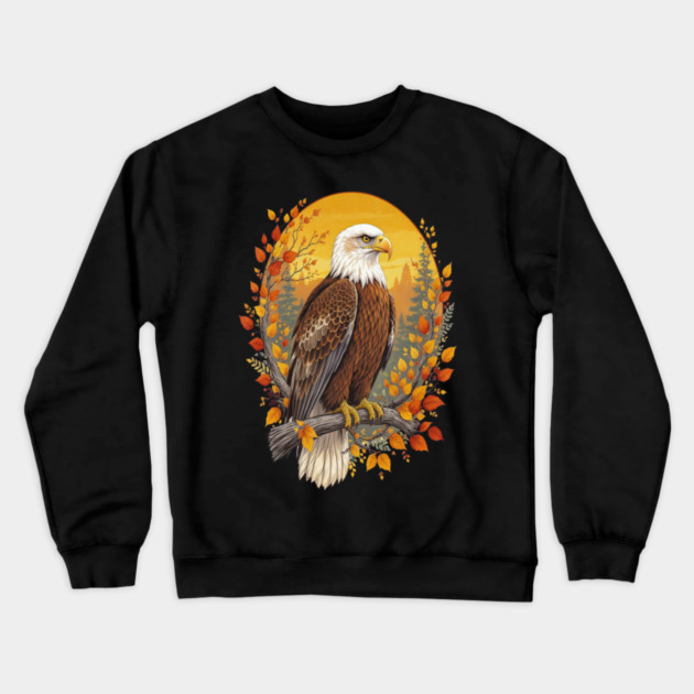 Bald Eagle with Autumn Sunset and Forest Background Crewneck Sweatshirt by BirdsnStuff