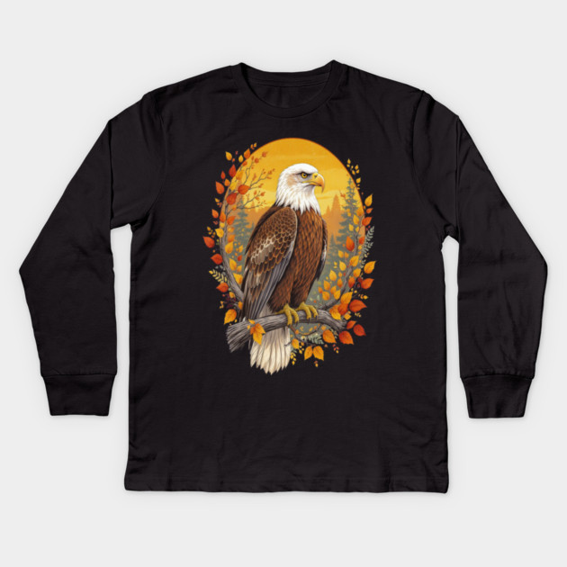 Bald Eagle with Autumn Sunset and Forest Background Kids Long Sleeve T-Shirt by BirdsnStuff