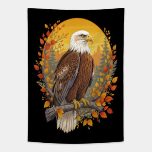 Bald Eagle with Autumn Sunset and Forest Background Tapestry