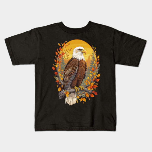 Bald Eagle with Autumn Sunset and Forest Background Kids T-Shirt by BirdsnStuff