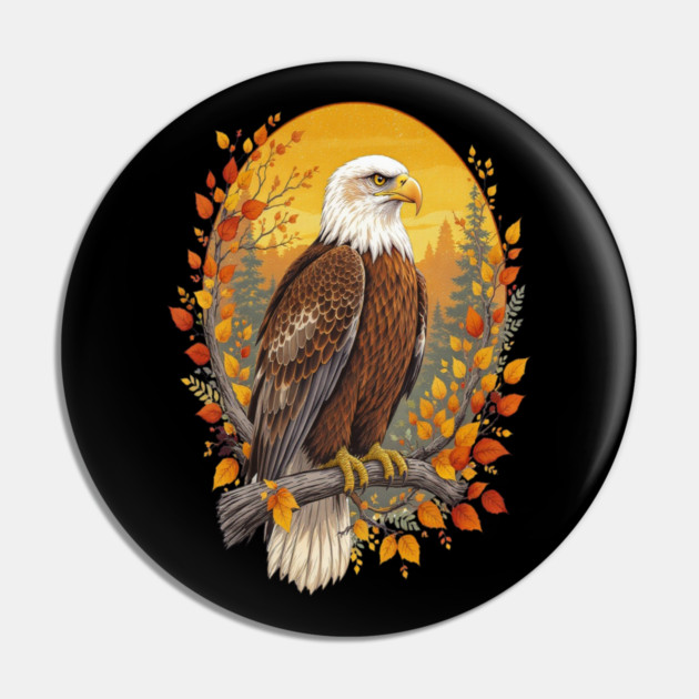 Bald Eagle with Autumn Sunset and Forest Background Pin by BirdsnStuff