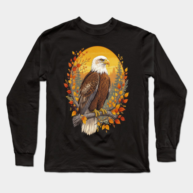 Bald Eagle with Autumn Sunset and Forest Background Long Sleeve T-Shirt by BirdsnStuff