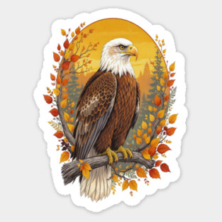 Bald Eagle with Autumn Sunset and Forest Background Sticker
