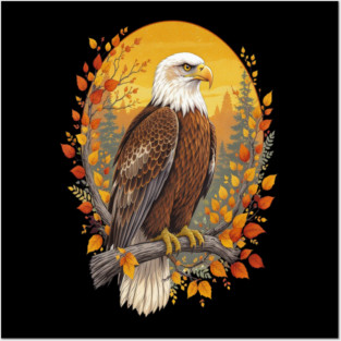 Bald Eagle with Autumn Sunset and Forest Background Posters and Art