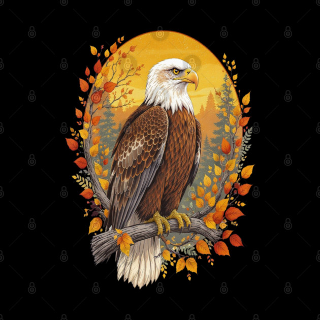 Bald Eagle with Autumn Sunset and Forest Background by BirdsnStuff