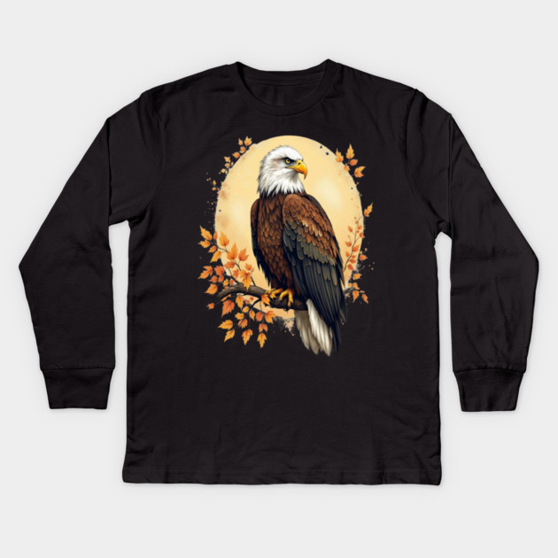 Bald Eagle with Autumn Branch and Golden Circle Art Kids Long Sleeve T-Shirt by BirdsnStuff