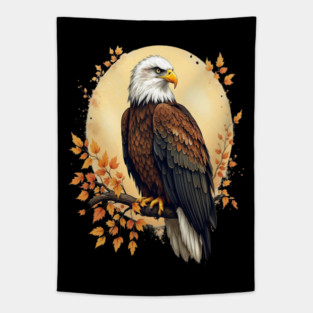 Bald Eagle with Autumn Branch and Golden Circle Art Tapestry