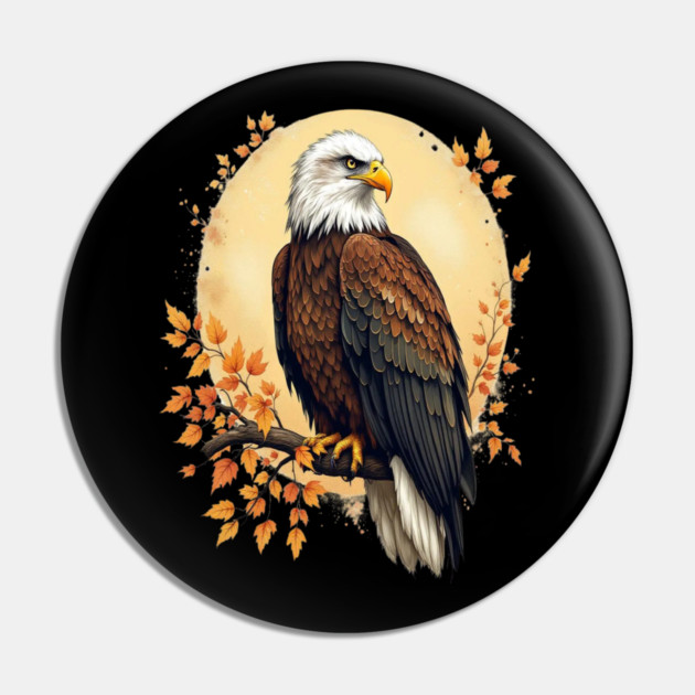 Bald Eagle with Autumn Branch and Golden Circle Art Pin by BirdsnStuff