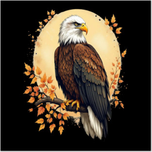 Bald Eagle with Autumn Branch and Golden Circle Art Posters and Art
