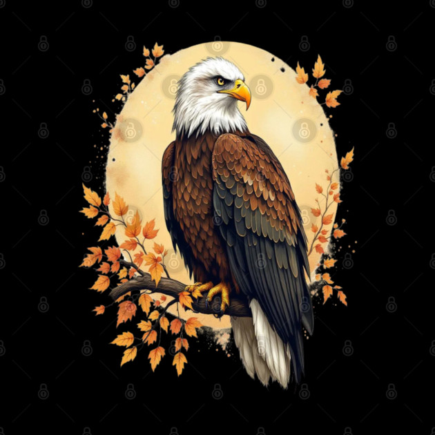 Bald Eagle with Autumn Branch and Golden Circle Art by BirdsnStuff