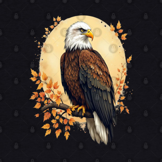 Bald Eagle with Autumn Branch and Golden Circle Art by BirdsnStuff