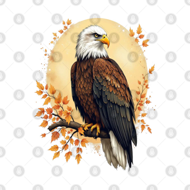 Bald Eagle with Autumn Branch and Golden Circle Art by BirdsnStuff