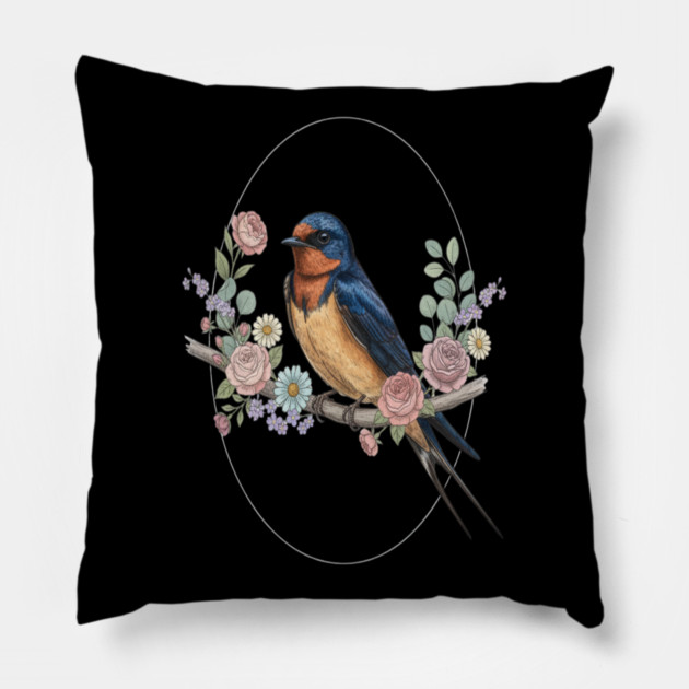 Barn Swallow with Floral Wreath Vintage Artwork Pillow by BirdsnStuff
