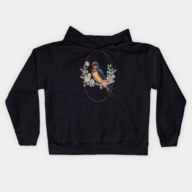 Barn Swallow with Floral Wreath Vintage Artwork Kids Hoodie by BirdsnStuff