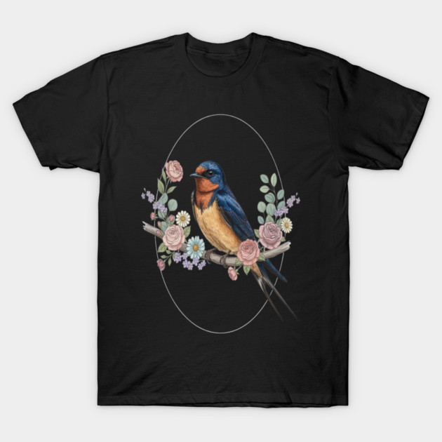 Barn Swallow with Floral Wreath Vintage Artwork T-Shirt by BirdsnStuff