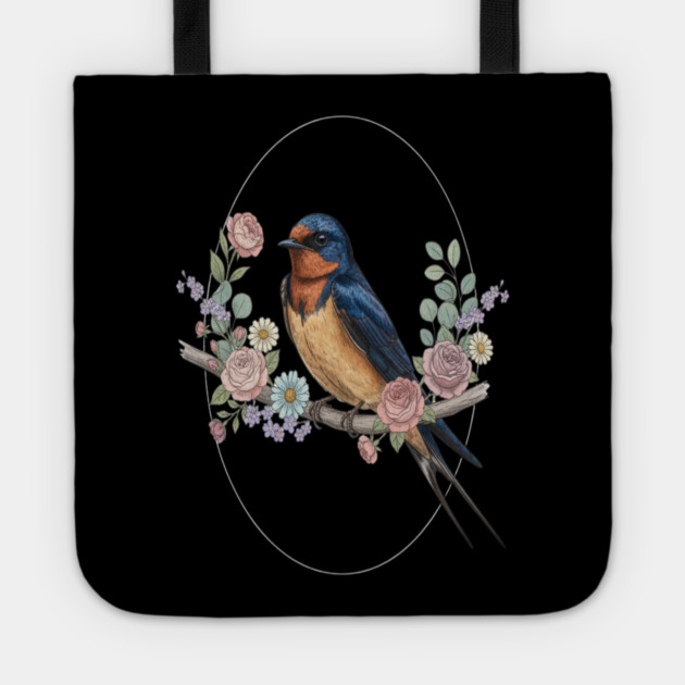 Barn Swallow with Floral Wreath Vintage Artwork Tote by BirdsnStuff