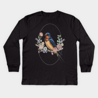 Barn Swallow with Floral Wreath Vintage Artwork Kids Long Sleeve T-Shirt