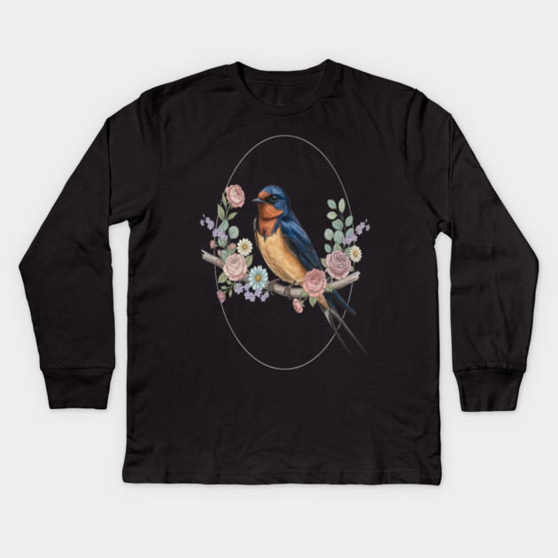 Barn Swallow with Floral Wreath Vintage Artwork Kids Long Sleeve T-Shirt by BirdsnStuff