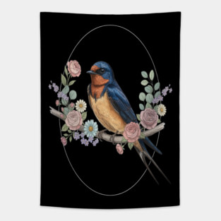 Barn Swallow with Floral Wreath Vintage Artwork Tapestry