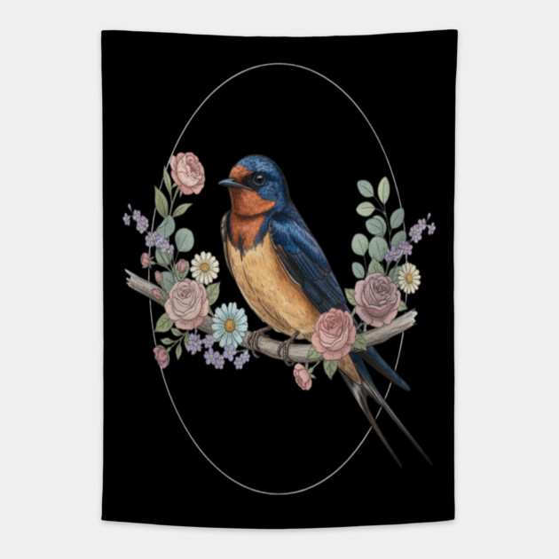 Barn Swallow with Floral Wreath Vintage Artwork Tapestry by BirdsnStuff
