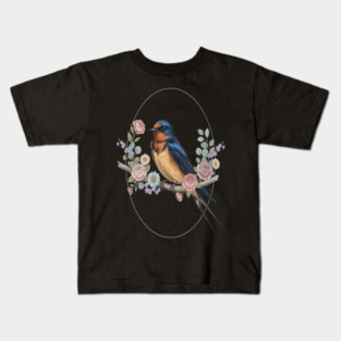 Barn Swallow with Floral Wreath Vintage Artwork Kids T-Shirt