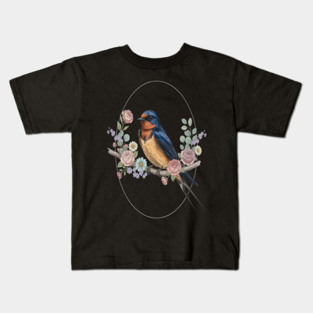 Barn Swallow with Floral Wreath Vintage Artwork Kids T-Shirt by BirdsnStuff