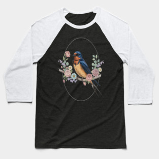 Barn Swallow with Floral Wreath Vintage Artwork Baseball T-Shirt