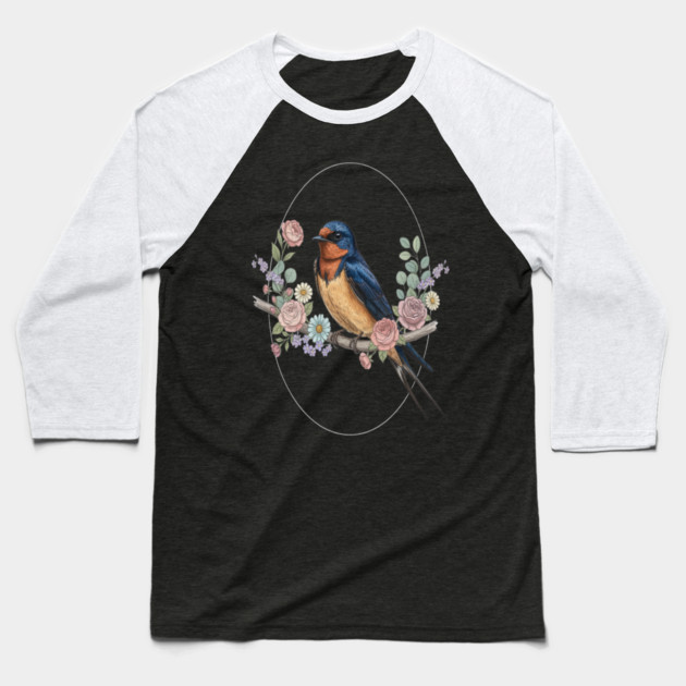 Barn Swallow with Floral Wreath Vintage Artwork Baseball T-Shirt by BirdsnStuff