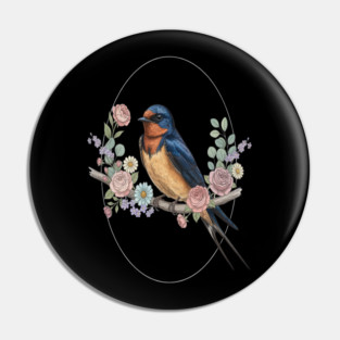 Barn Swallow with Floral Wreath Vintage Artwork Pin