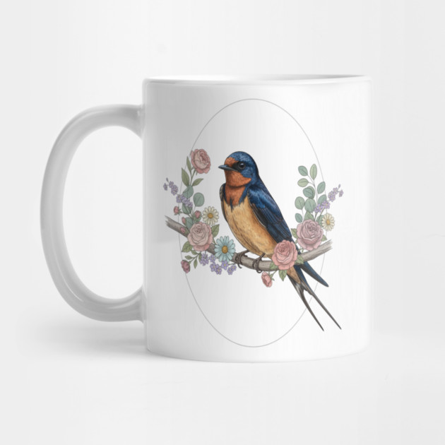 Barn Swallow with Floral Wreath Vintage Artwork by BirdsnStuff