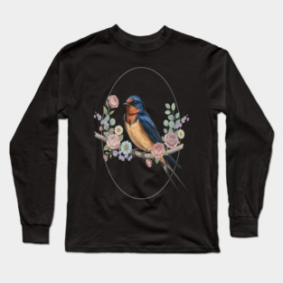 Barn Swallow with Floral Wreath Vintage Artwork Long Sleeve T-Shirt