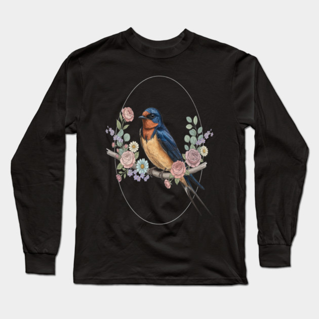 Barn Swallow with Floral Wreath Vintage Artwork Long Sleeve T-Shirt by BirdsnStuff