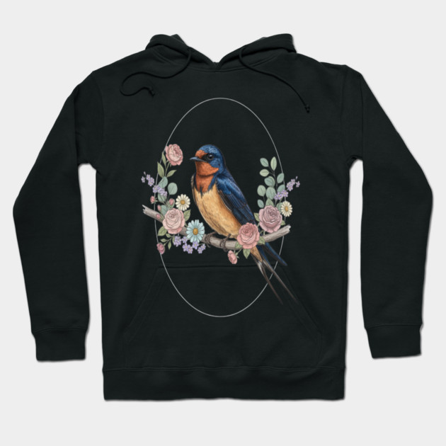 Barn Swallow with Floral Wreath Vintage Artwork Hoodie by BirdsnStuff
