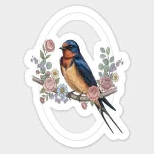 Barn Swallow with Floral Wreath Vintage Artwork Sticker