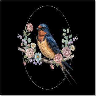 Barn Swallow with Floral Wreath Vintage Artwork Posters and Art
