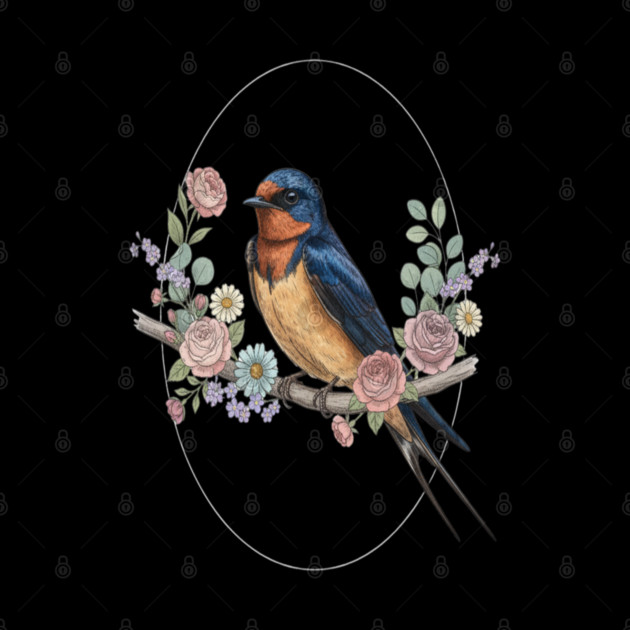 Barn Swallow with Floral Wreath Vintage Artwork by BirdsnStuff