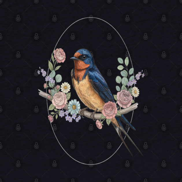 Barn Swallow with Floral Wreath Vintage Artwork by BirdsnStuff