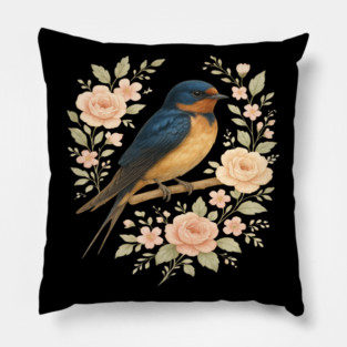 Barn Swallow Bird with Vintage Floral Artwork Pillow