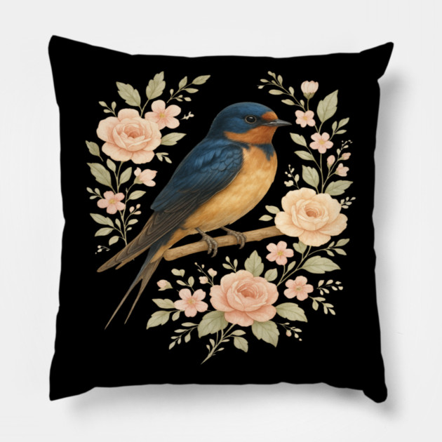 Barn Swallow Bird with Vintage Floral Artwork Pillow by BirdsnStuff