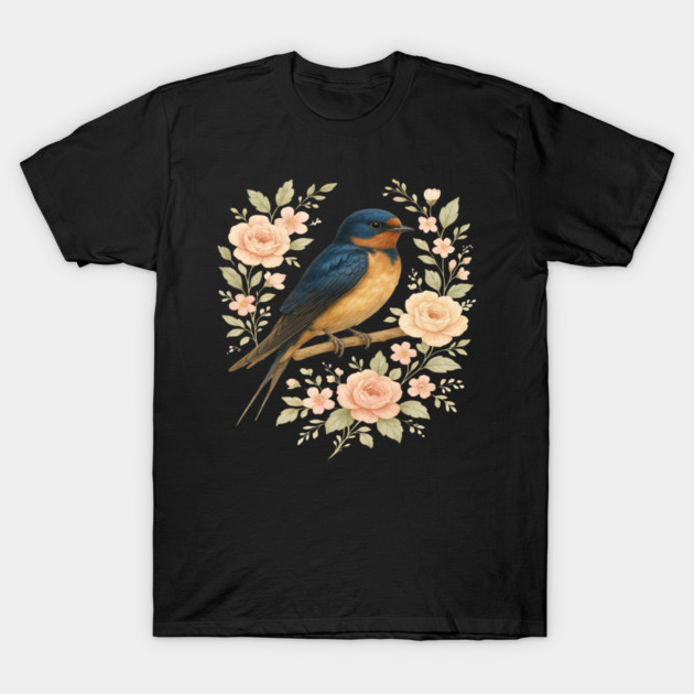 Barn Swallow Bird with Vintage Floral Artwork T-Shirt by BirdsnStuff