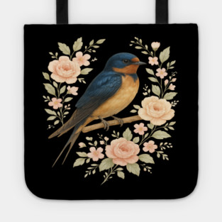 Barn Swallow Bird with Vintage Floral Artwork Tote