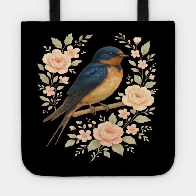 Barn Swallow Bird with Vintage Floral Artwork Tote by BirdsnStuff