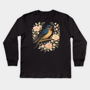 Barn Swallow Bird with Vintage Floral Artwork Kids Long Sleeve T-Shirt