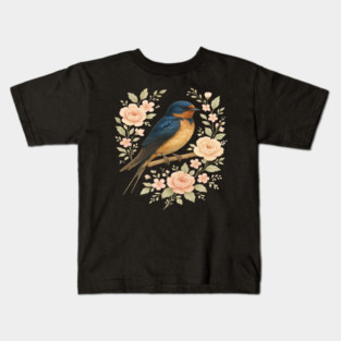 Barn Swallow Bird with Vintage Floral Artwork Kids T-Shirt