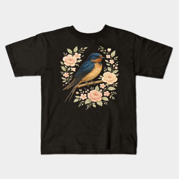 Barn Swallow Bird with Vintage Floral Artwork Kids T-Shirt by BirdsnStuff
