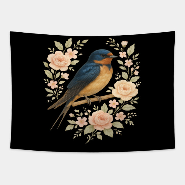 Barn Swallow Bird with Vintage Floral Artwork Tapestry by BirdsnStuff