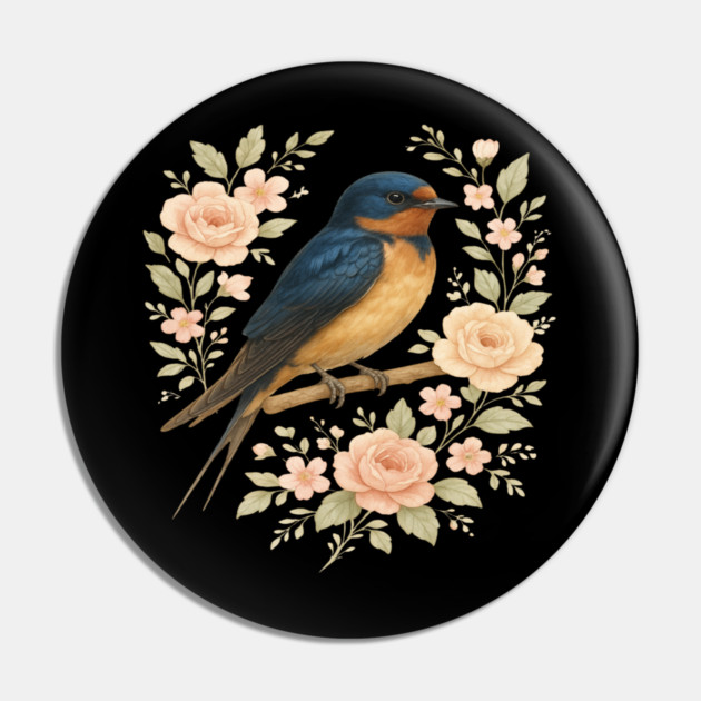 Barn Swallow Bird with Vintage Floral Artwork Pin by BirdsnStuff