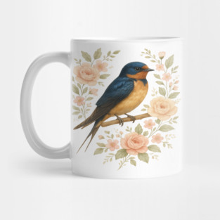 Barn Swallow Bird with Vintage Floral Artwork Mug