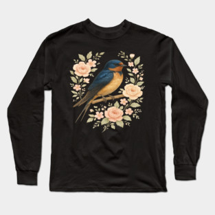 Barn Swallow Bird with Vintage Floral Artwork Long Sleeve T-Shirt